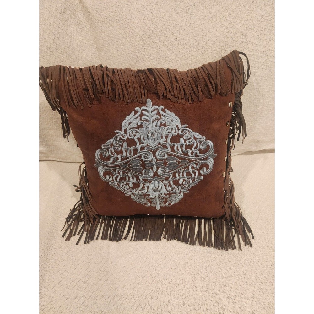 Suede Fringed Brown Square Stud Decor Pillow  Medallion Baroque Western Ornate